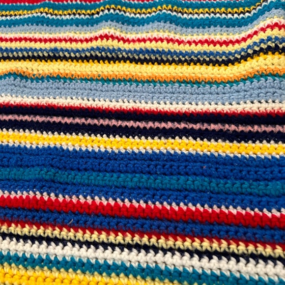 bright blue yellow white handmade crochet throw blanket with fringes